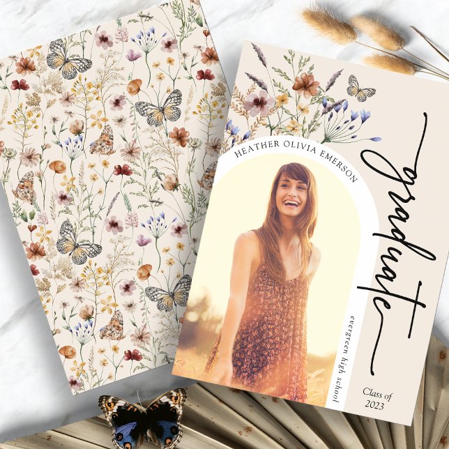 Modern Floral Graduate Announcement (Modern Floral Graduate Picture Announcement with Butterfly by Painted Paperie
)