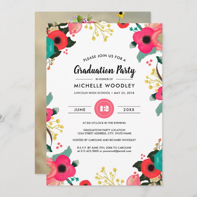 Modern Floral Graduation Invitation Photo Card (Front/Back)