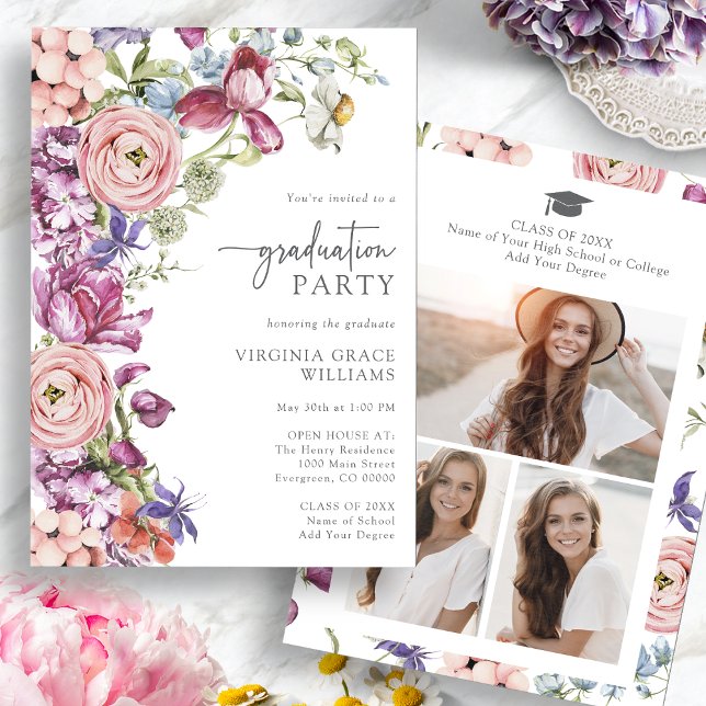 Modern Floral Graduation Party Invitation (Modern Floral Watercolor Graduation Party Invitation with Pictures by Painted Paperie
)