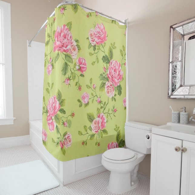 Modern Floral Green Rose Shower Curtain (In Situ)