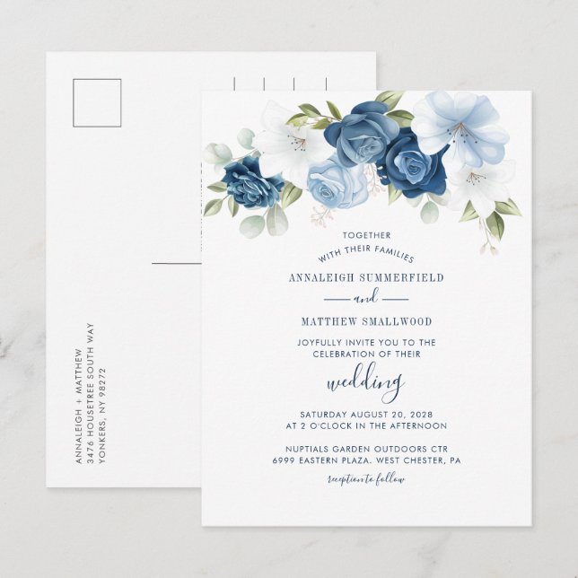 Modern Floral Greenery Dusty Blue Wedding Invitation Postcard (Front/Back)