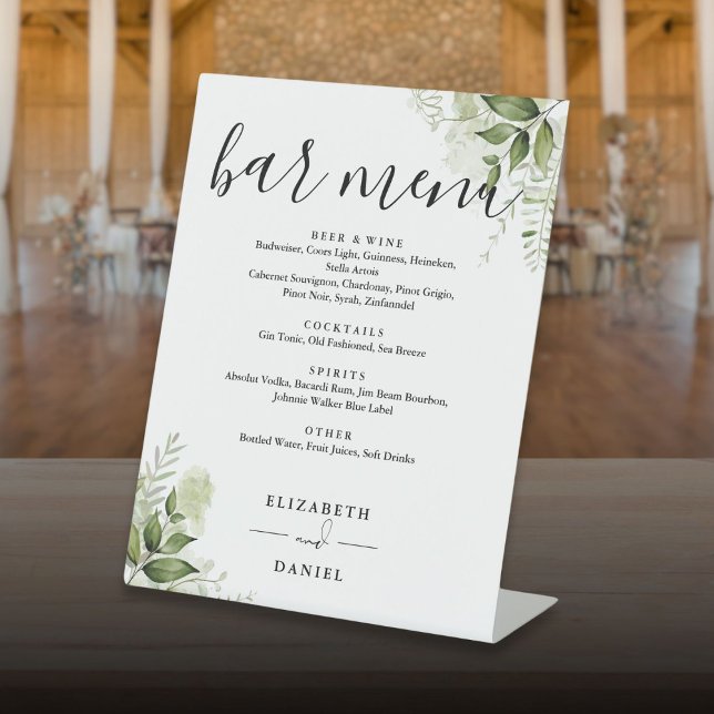 Modern Floral Greenery Wedding Bar Menu Pedestal Sign (Modern Floral Greenery Wedding Bar Menu Pedestal Sign)