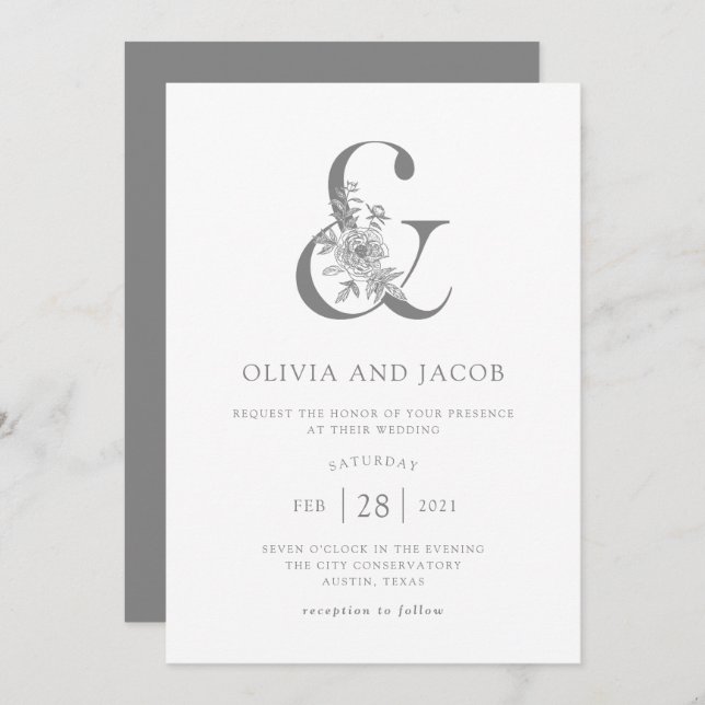 Modern Floral | Grey and White Ampersand Wedding Invitation (Front/Back)