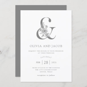 Modern Floral   Grey and White Ampersand Wedding Invitation
