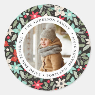 Modern Floral Holiday Photo Return Address Classic Round Sticker