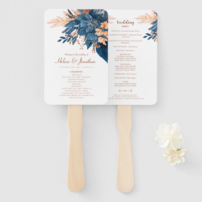 Modern Floral Indigo Rust Boho Elegant Wedding Hand Fan (Front and Back)
