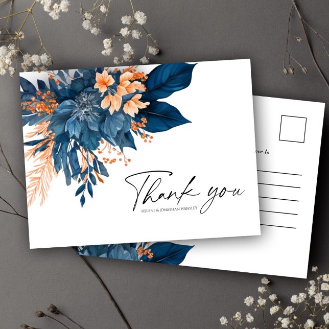 Modern Floral Indigo Rust Wedding Thank You Postcard (Modern Floral Indigo Rust Wedding Thank You Postcard)