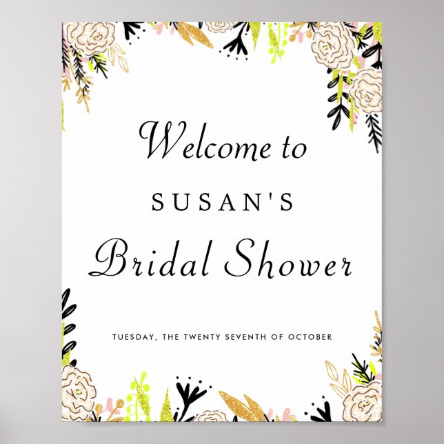 Modern Floral Ink Bridal Shower Sign (Front)