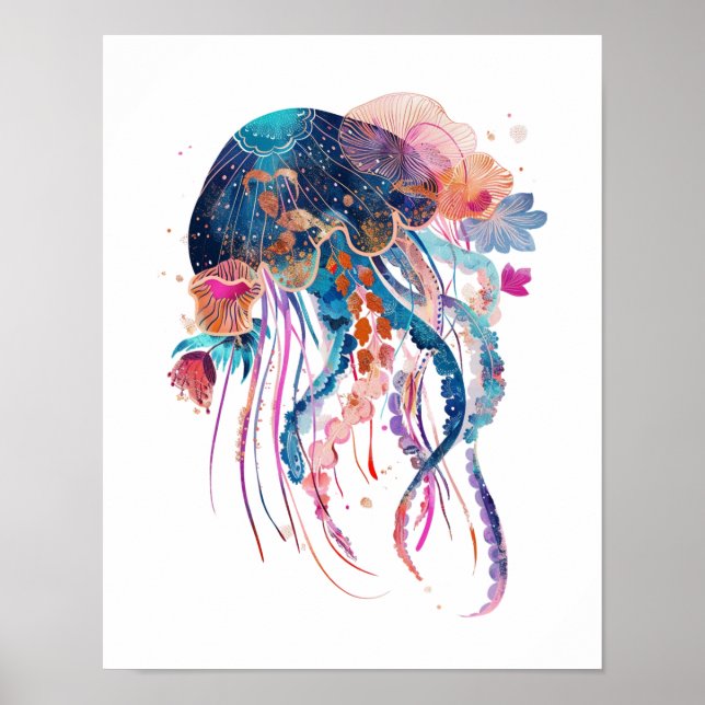 Modern Floral Jellyfish Wall Art Poster (Front)