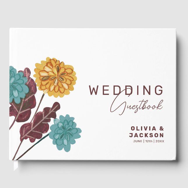 Modern floral jewel mustard tone wedding guest book (Front)
