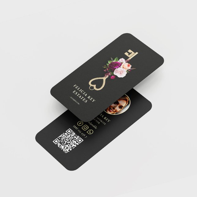 Modern Floral Key Realtor Real Estate Black Gold Business Card (Creator Uploaded)