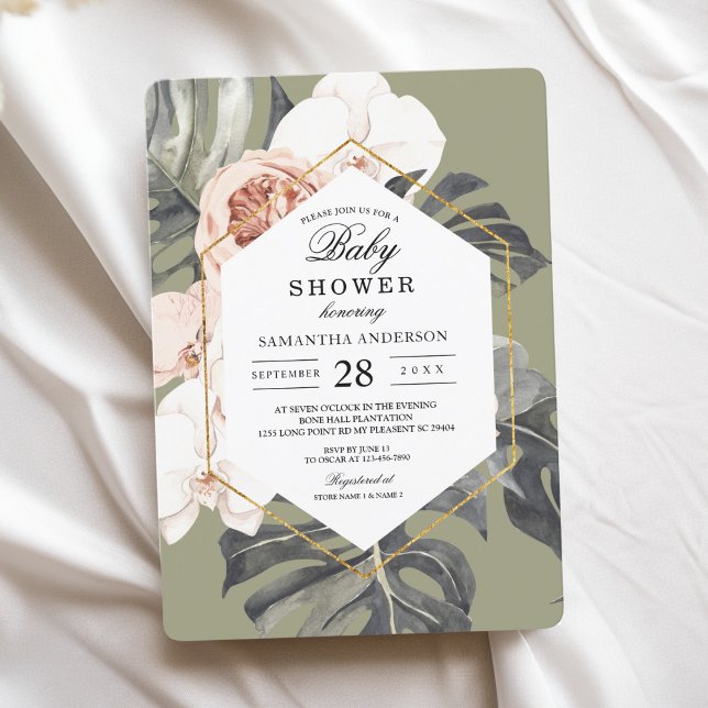 Modern Floral Khaki Tropical Leaves & Orchid  Invitation (Creator Uploaded)