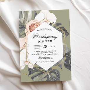 Modern Floral Khaki Tropical Leaves & Orchid  Invitation