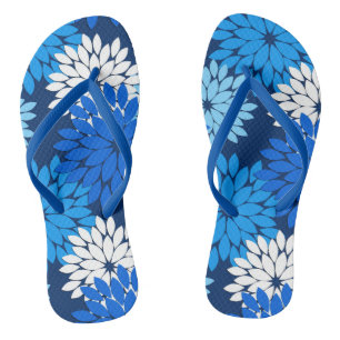 Modern Floral Kimono Print, Blue, Aqua & Navy Thongs