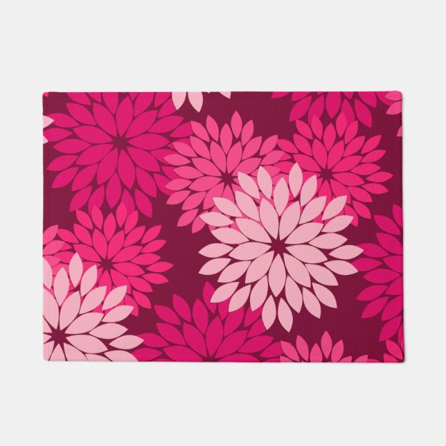 Modern Floral Kimono Print, Coral Pink & Burgundy Doormat (Front)