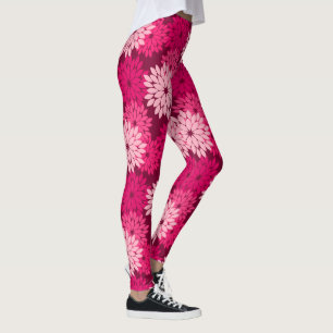 Modern Floral Kimono Print, Coral Pink & Burgundy Leggings