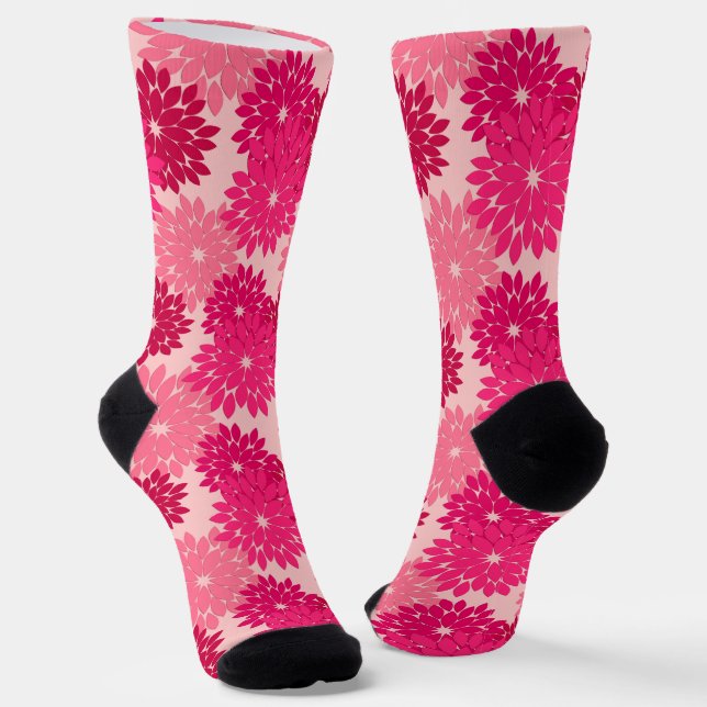 Modern Floral Kimono Print, Coral Pink Socks (Angled)