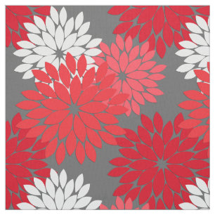 Modern Floral Kimono Print,  Coral Red and Grey Fabric