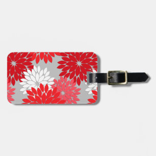Modern Floral Kimono Print, Coral Red and Grey Luggage Tag