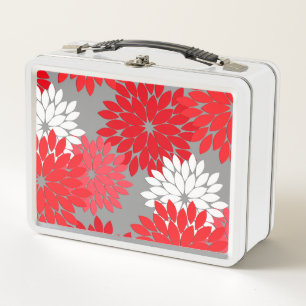 Modern Floral Kimono Print, Coral Red and Grey Metal Lunch Box
