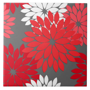 Modern Floral Kimono Print, Coral Red and Grey Tile