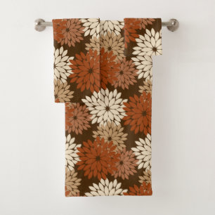 Modern Floral Kimono Print, Dark Brown and Tan Bath Towel Set