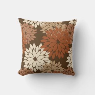 Modern Floral Kimono Print, Dark Brown and Tan Cushion