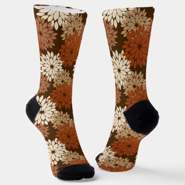 Modern Floral Kimono Print, Dark Brown and Tan Socks (Angled)