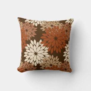 Modern Floral Kimono Print, Dark Brown and Tan Thr Cushion