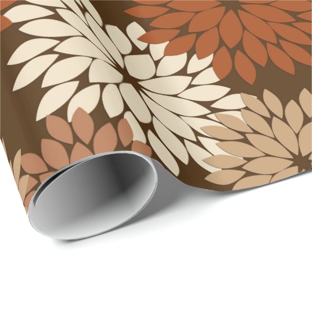 Modern Floral Kimono Print, Dark Brown and Tan Wrapping Paper (Roll Corner)