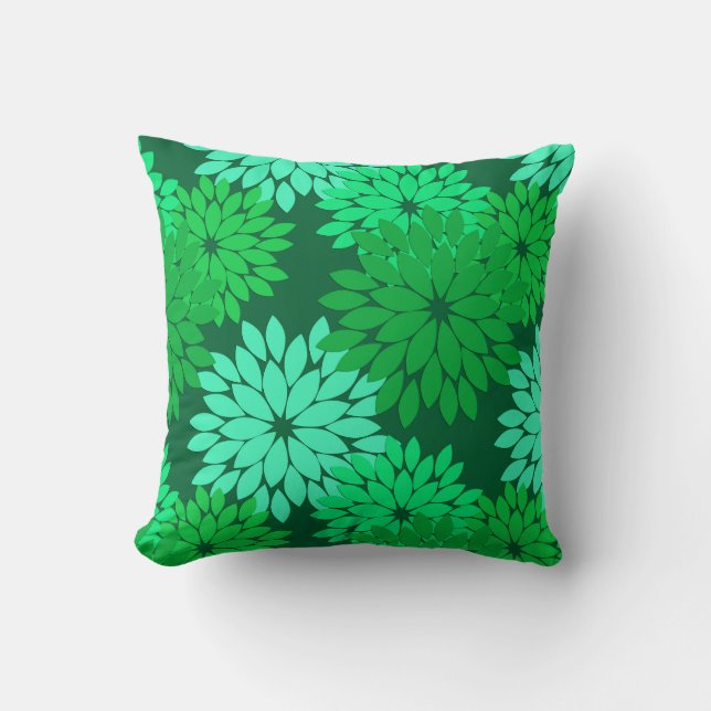 Modern Floral Kimono Print, Emerald and Jade Green Cushion (Front)