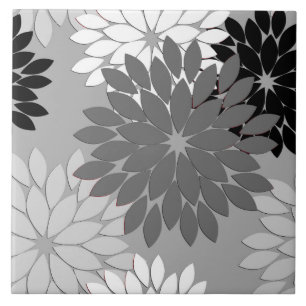 Modern Floral Kimono Print, Grey, Black and White Ceramic Tile