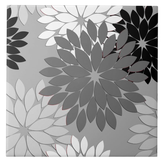 Modern Floral Kimono Print, Grey, Black and White Ceramic Tile (Front)