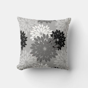 Modern Floral Kimono Print, Grey, Black and White  Cushion
