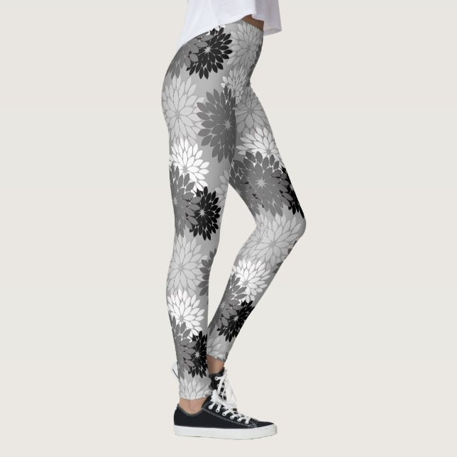 Modern Floral Kimono Print, Grey, Black and White Leggings (Right)