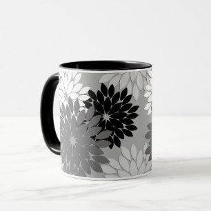 Modern Floral Kimono Print, Grey, Black and White Mug