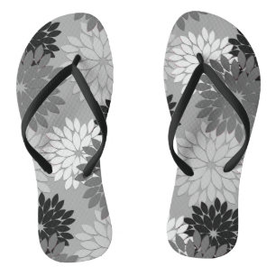 Modern Floral Kimono Print, Grey, Black and White Thongs
