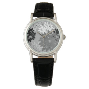 Modern Floral Kimono Print, Grey, Black and White Watch