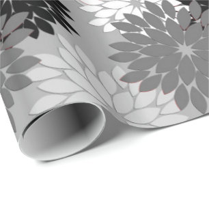 Modern Floral Kimono Print, Grey, Black and White Wrapping Paper