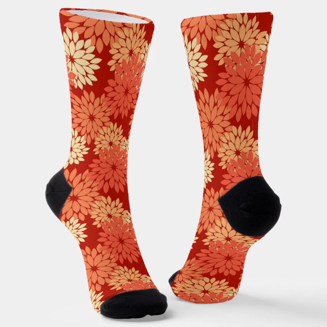 Modern Floral Kimono Print, Mandarin Orange  Socks (Angled)