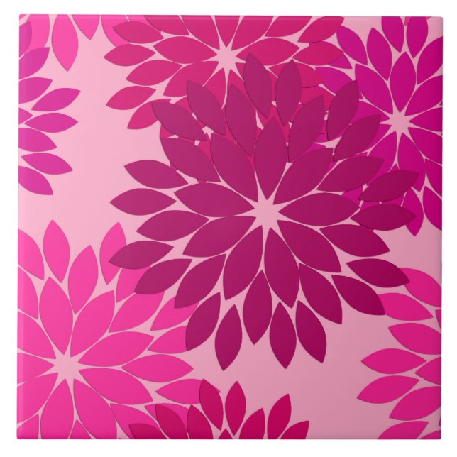 Modern Floral Kimono Print, Pink, Fuchsia and Wine Ceramic Tile (Front)