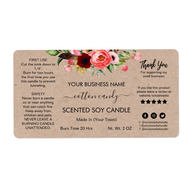 Modern Floral Kraft Scented Soy Candle Labels (Front)
