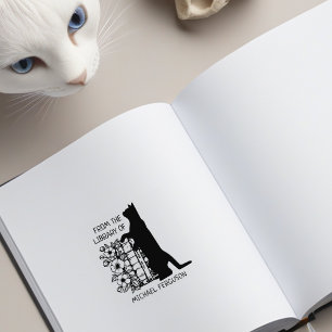Modern Floral Library Cat  Rubber Stamp