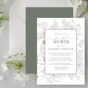 Modern Floral Line Art Sage Green Bridal Shower Invitation
