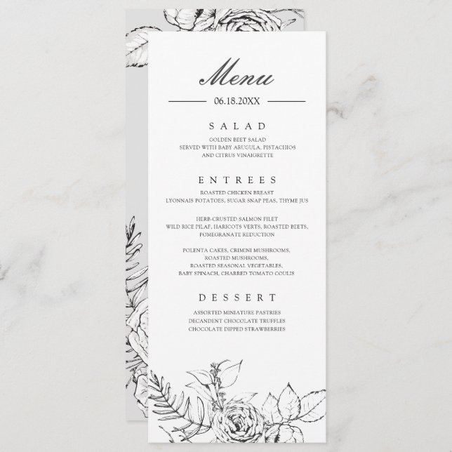 Modern Floral Line Drawing Wedding Dinner Menu Invitation (Front/Back)