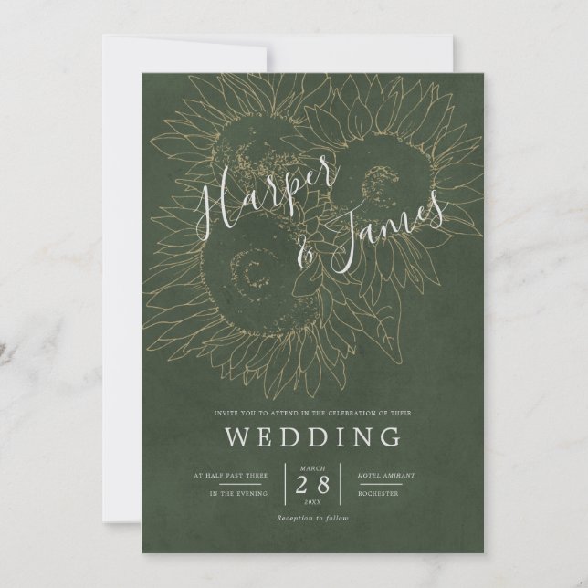 Modern floral lines sunflowers moss green wedding invitation (Front)