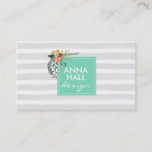 Modern Floral Mint and Grey Stripes Business Card