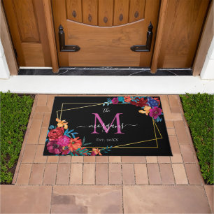 Modern Floral Monogram Black Doormat