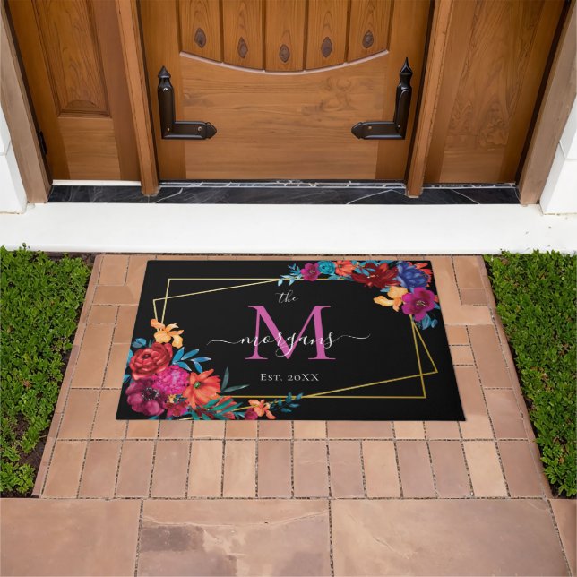 Modern Floral Monogram Black Doormat (Outdoor)