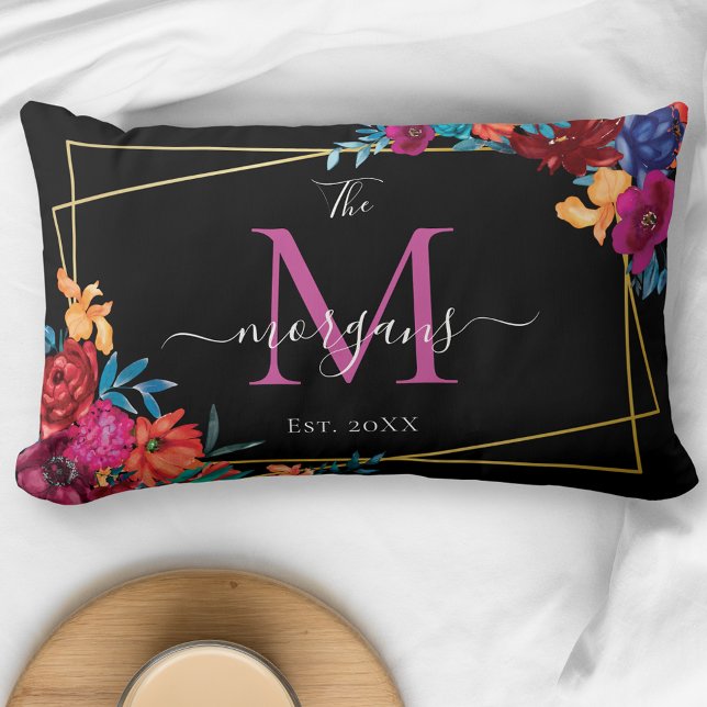 Modern Floral Monogram Black Wedding Lumbar Cushion (Creator Uploaded)